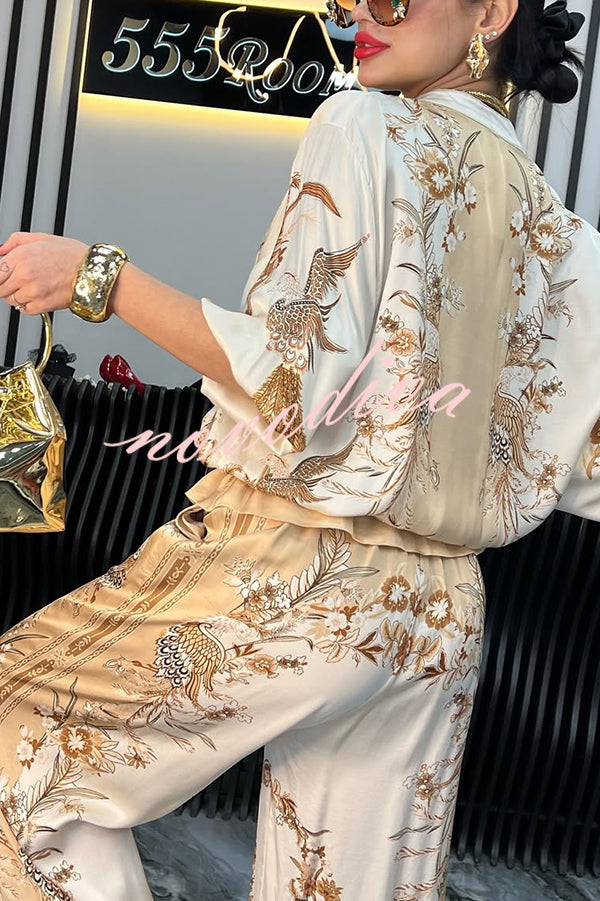 Unique Printed Casual Long-sleeved Loose Top and Elastic Waist Pocket Wide-leg Pants Set