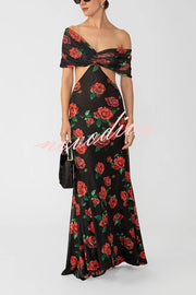 Rose Print Sexy Strapless Backless Slim Maxi Dress