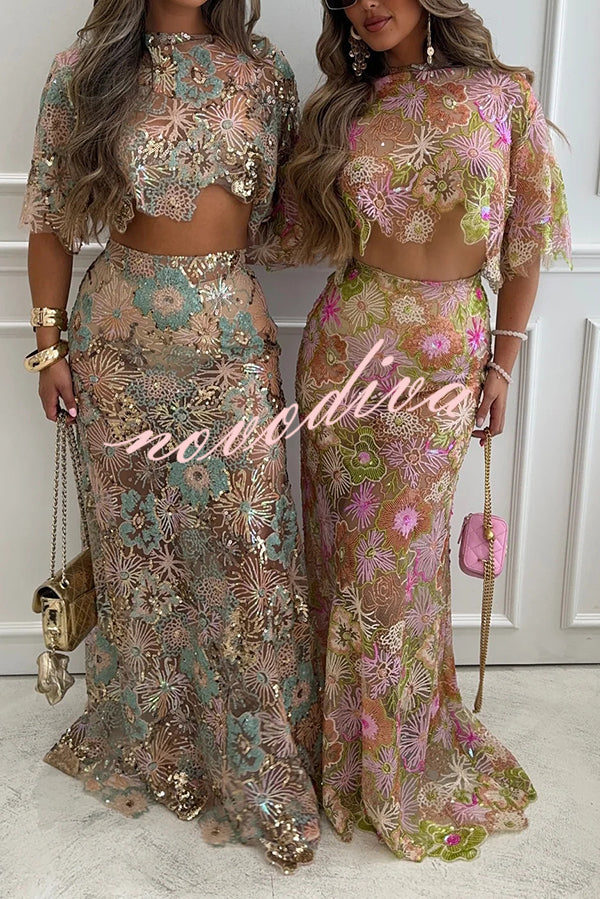 Fashionable Embroidered Flower Sequined Crop Top and Elegant Sheer Maxi Skirt Set