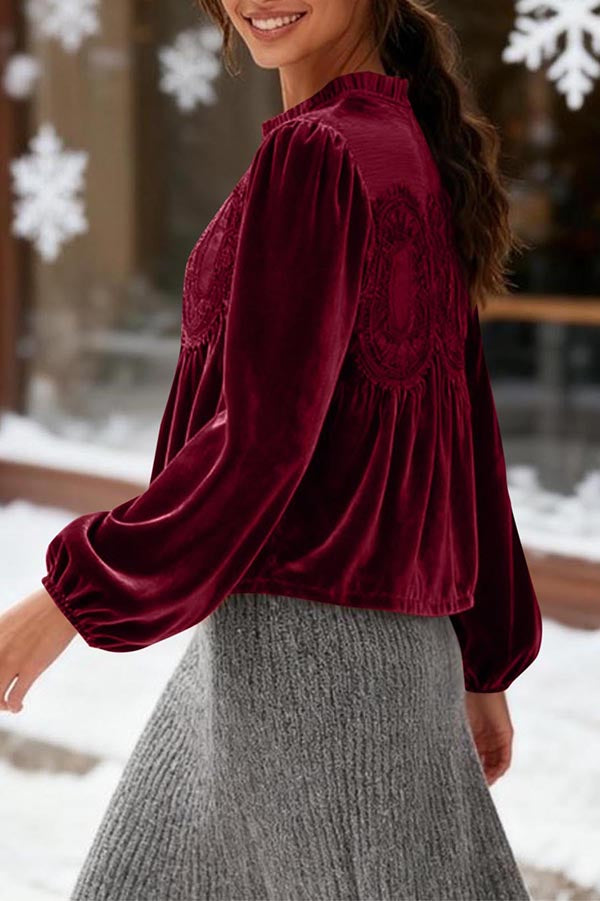 Fashionable Velvet and Lace Patchwork Loose Long-sleeved Top