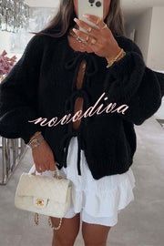 Solid Color Long-sleeved V-neck Lace-up Loose Knitted Sweater