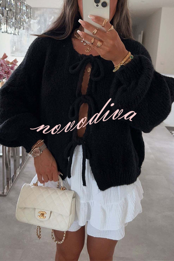 Solid Color Long-sleeved V-neck Lace-up Loose Knitted Sweater