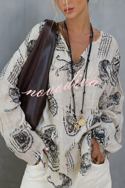 Natural Vibe Linen Blend Unique Print Long Sleeve Loose Shirt