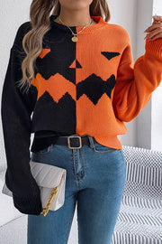 Halloween Pumpkin Contrast Color Long Sleeve Loose Sweater