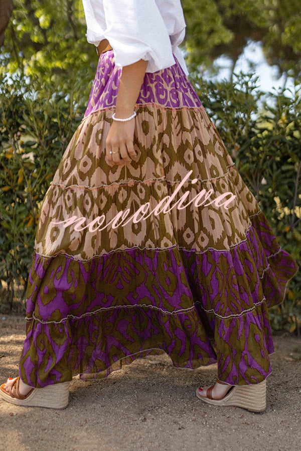 Resort Style Unique Print Elastic Waist Loose Stitching Maxi Skirt