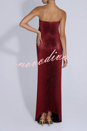 Party Time Pleated Metallic Fabric Off Shoulder Irregular Hem A-line Maxi Dress