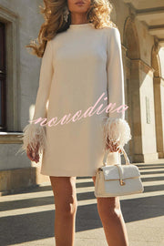 Unforgettable Date Feather Trim Long Sleeve H-line Mini Dress