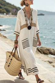 Striped Print V-Neck Casual Loose Pocket Maxi Dress