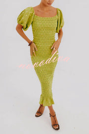 Jojo Smocked Golden Polka Dots Off Shoulder Puff Sleeve Stretch Midi Dress