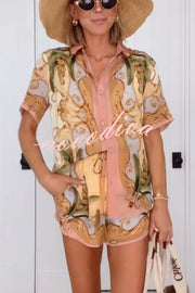 Royalty Unique Print Button Up Short Sleeve Shirt and Elastic Waist Pocketed Loose Shorts Set
