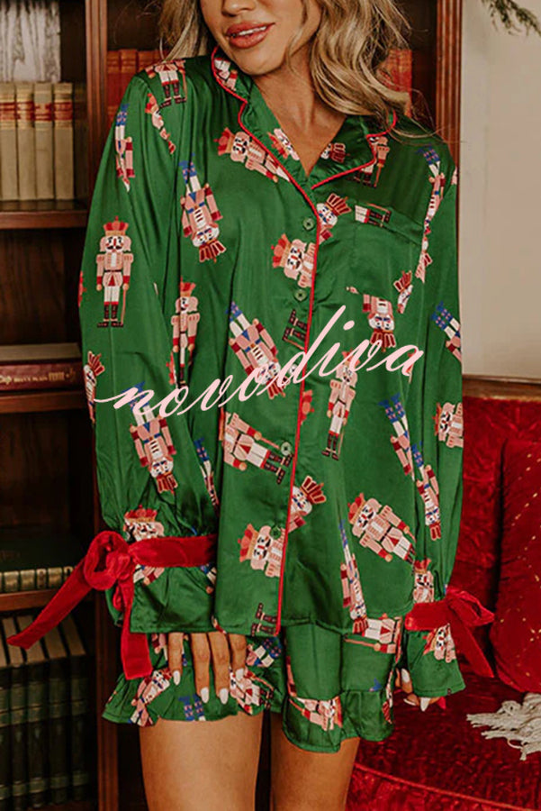 Christmas Dreaming Satin Nutcrackers Print Velvet Trim Elastic Waist Pocketed Pajama Shorts Set