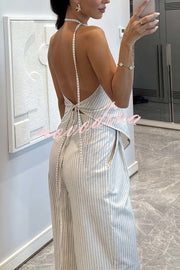 Moriah Striped Thin Strap Halter Neck Scarf Top and Pocketed Wide Leg Pants Set