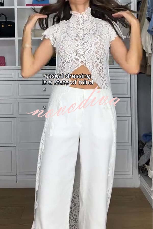 Elegant Personality Floral Lace Short Sleeve Front Slit Maxi Top