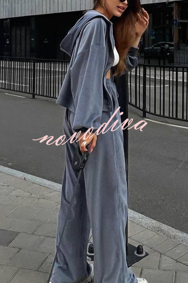 Velvet Casual Zip-up Hooded Top and Elastic Waist Wide Leg Pants Set