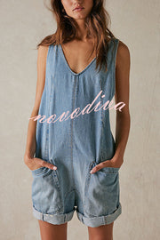 Stylish Loose Sleeveless Pocket Straps Adjustable Denim Rompers