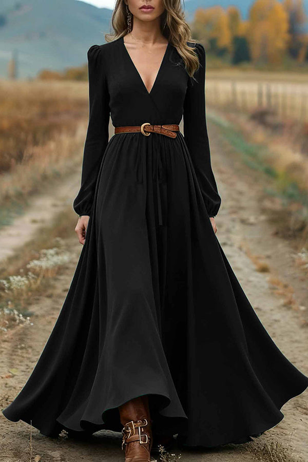 Solid Color V-neck Long Sleeve High Waist Full Hem Maxi Dress