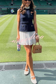 Sporty Elegance Tweed Metal Button Belted Pleated Hem Mini Dress