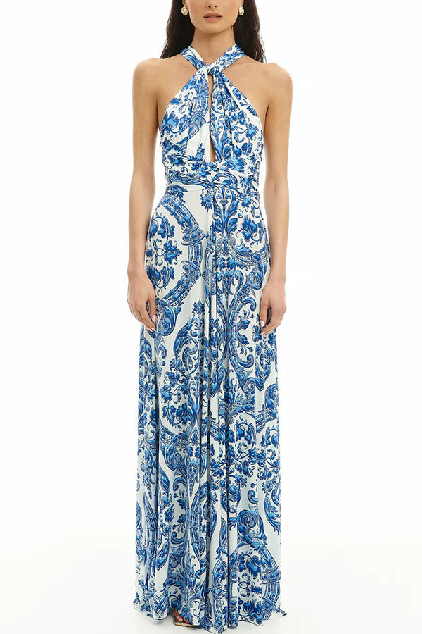 Greek Island Printed Cross Back Halter Flowy Maxi Dress