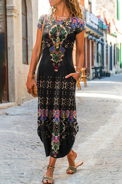 Ada Ethnic Floral Pocketed Daily /vacation Stretch Midi Dress