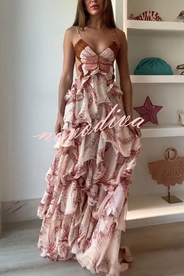 Ariae Butterfly Print Multi-layered Ruffles Backless Tie-up Maxi Dress