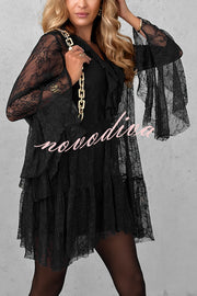 Feeling Lighthearted Lace Ruffle Neck Bell Sleeve Layered Hem A-line Mini Dress