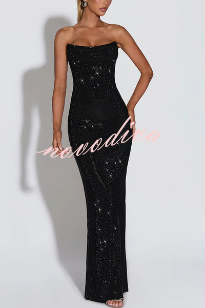 Mirabella Sequin Pleated Cowl Scooped Neckline Back Lace-up Strapless Maxi Dress