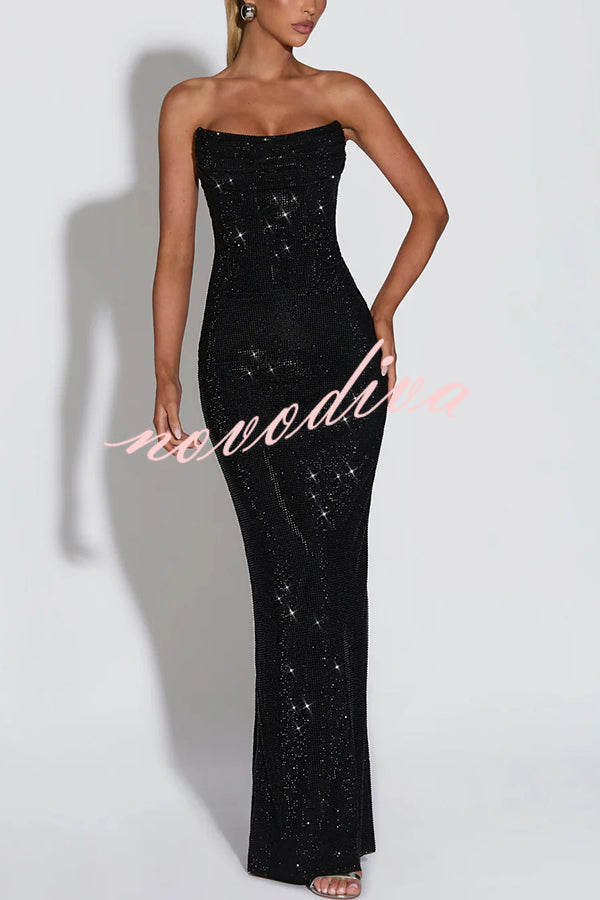 Mirabella Sequin Pleated Cowl Scooped Neckline Back Lace-up Strapless Maxi Dress