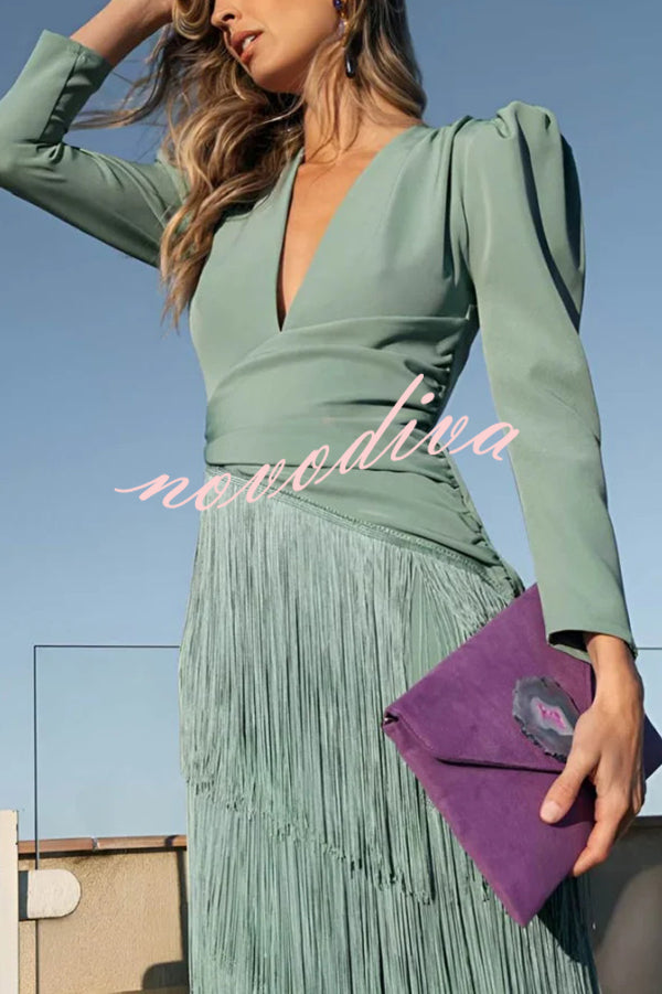 Solid Color V-Neck Long Sleeve Elegant Tassel Maxi Dress