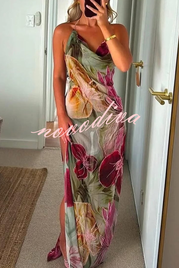 Floral Print Sexy Backless Slit See-Through Holiday Maxi Dress