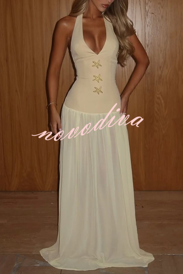 Giselle Gold Starfish Hardware Halter Back Lace-up Tulle Maxi Dress