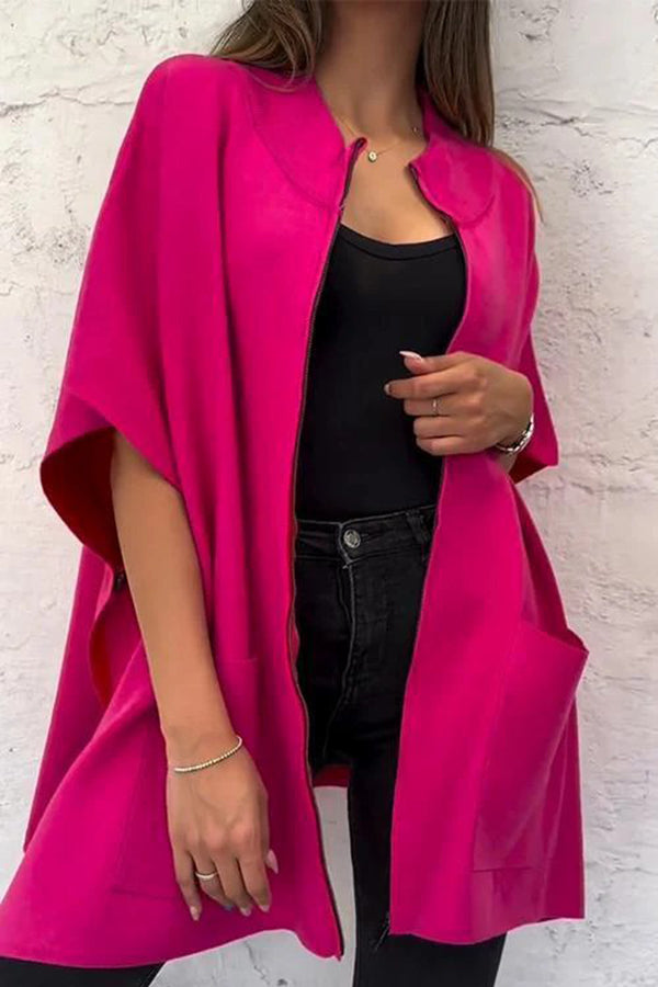 Solid Color Stand Collar Zipper Pocket Loose Shawl Jacket