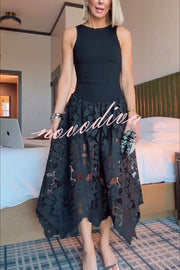 Atlas Asymmetric Ribbed-knit and Guipure Lace Back Zipper Midi Dress