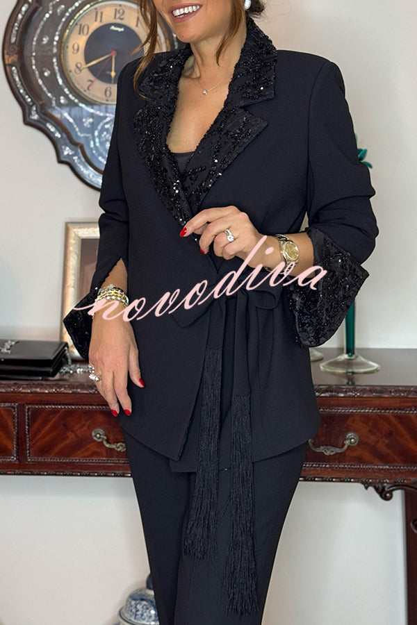 Social Time Embroidered Sequin Patchwork Tassel Belt Detail Lapel Party Blazer