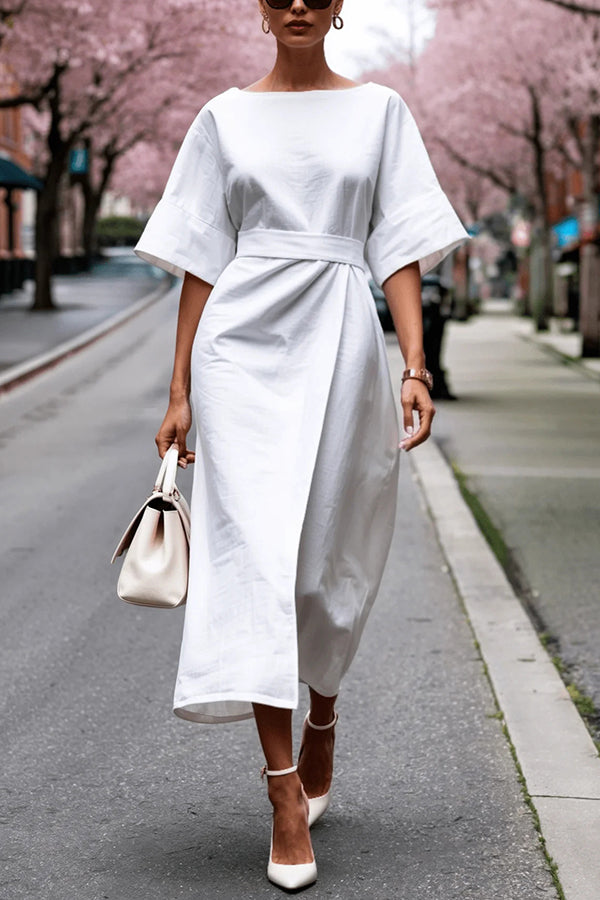 Solid Color Round Neck Half Sleeve Casual Waist Midi Dress