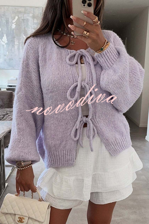 Solid Color Long-sleeved V-neck Lace-up Loose Knitted Sweater