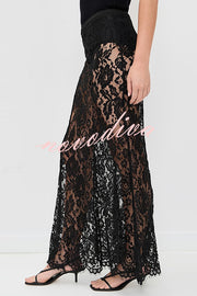 Make An Entrance Floral Stretch Lace Mid Rise Flare Maxi Skirt