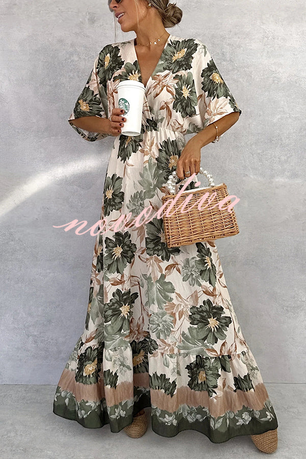 Floral Print V-neck Short Sleeve Waist Loose Full Hem Maxi Dress