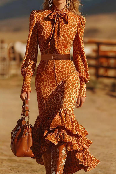 Leopard Print Long-sleeved Fitted Ruffle Maxi Dress