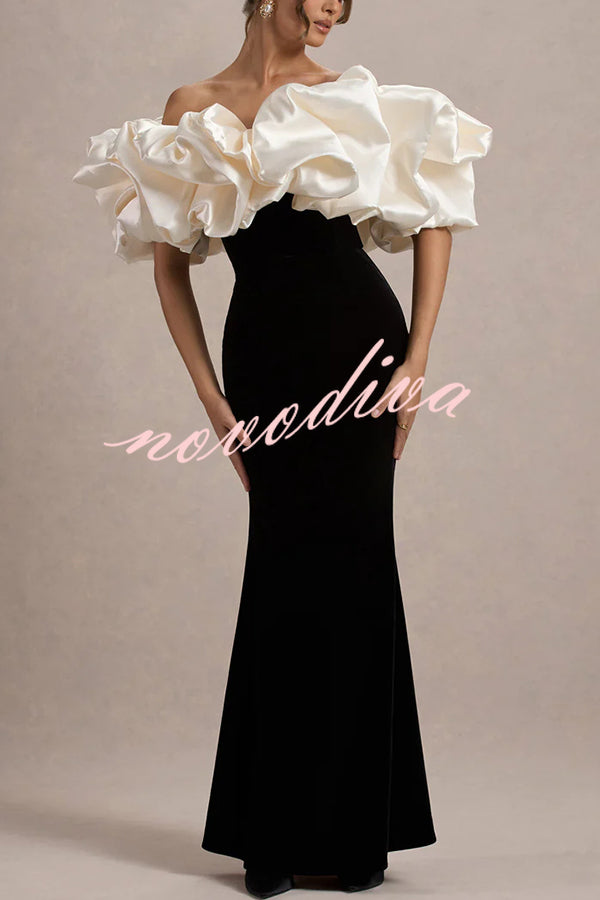 Cecily Velvet Off Shoulder Satin Structured Bardot Neck Stretch Maxi Dress