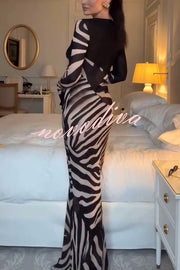 City Night Chiffon Colorblock Animal Print Tie-up Long Sleeve Maxi Dress