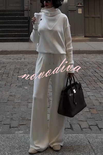 Morning Coffee Walks Ribbed Turtleneck Long Sleeve Sweatshirt and Elastic Waist Pocketed Loose Pants Set