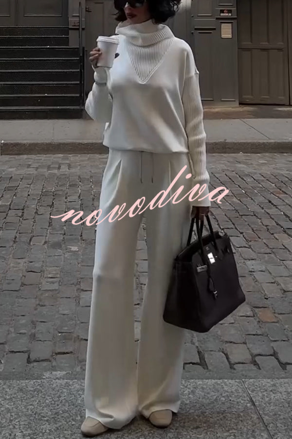Morning Coffee Walks Ribbed Turtleneck Long Sleeve Sweatshirt and Elastic Waist Pocketed Loose Pants Set