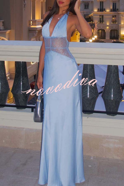 Seductive Details Satin Lace Waist Halter Tie-up Backless Maxi Dress