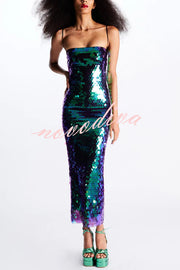Sexy Sequined Halter-neck Backless Slim Fit Slit Midi Dress