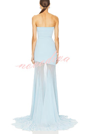 Blue Sky Off Shoulder Contrast Sheer Mesh Fabric Stretch Maxi Dress
