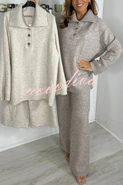 Solid Color Lapel Long-sleeved Loose Top and Elastic Waist Casual Pants Set