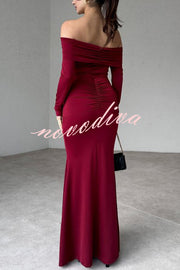 Naia Off Shoulder Long Sleeve Metal Buckle Adjustment Drape Stretch Maxi Dress