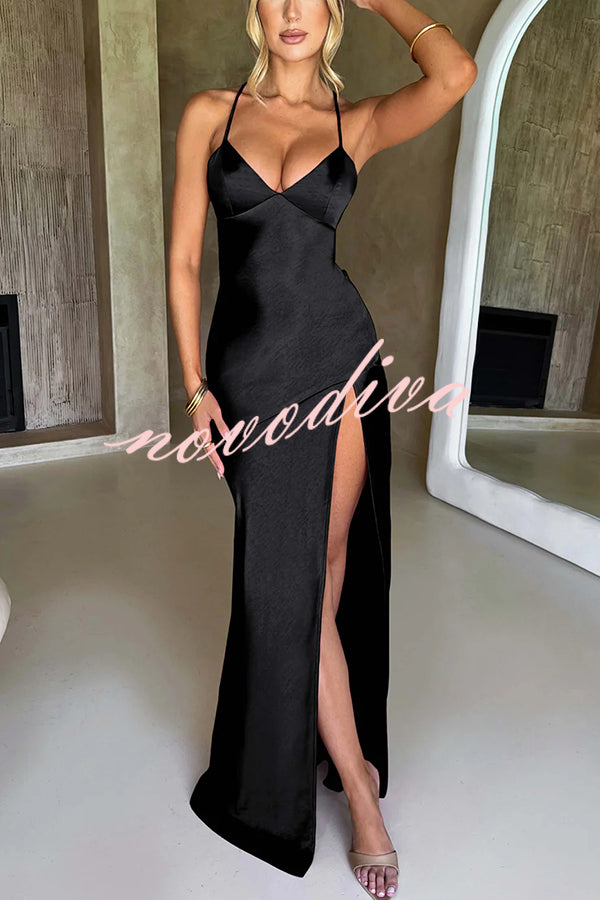 Satin Solid Color Sexy Backless Lace Up High Slit Maxi Dress