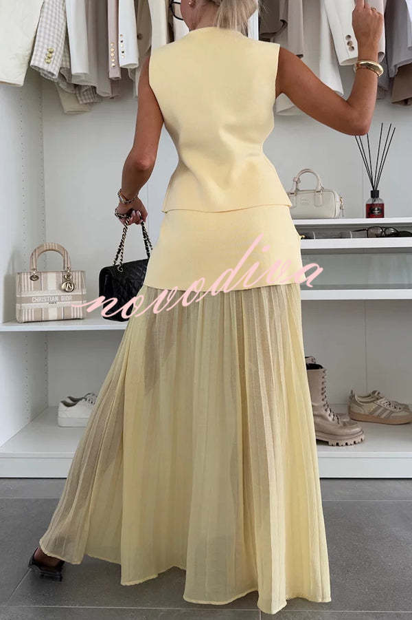 Stylish and Elegant Knit Spliced Tulle Elastic Waist Pleated Maxi Skirt