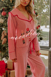 Nutcracker Charm Embroidered Gingham Loose Shirt and Elastic Waist Pajama Set